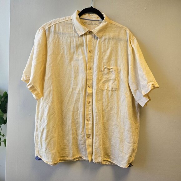 Caribbean Mens Short Sleeve Button-Up Shirt Yellow XL Linen & Cotton Blend - Picture 1 of 8